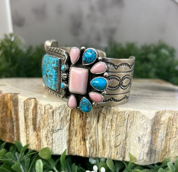 Pink Conch Shell and Turquoise Sterling Silver Navajo Handmade Cuff Bracelet - Image 6