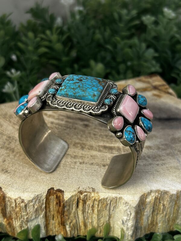 Pink Conch Shell and Turquoise Sterling Silver Navajo Handmade Cuff Bracelet - Image 8