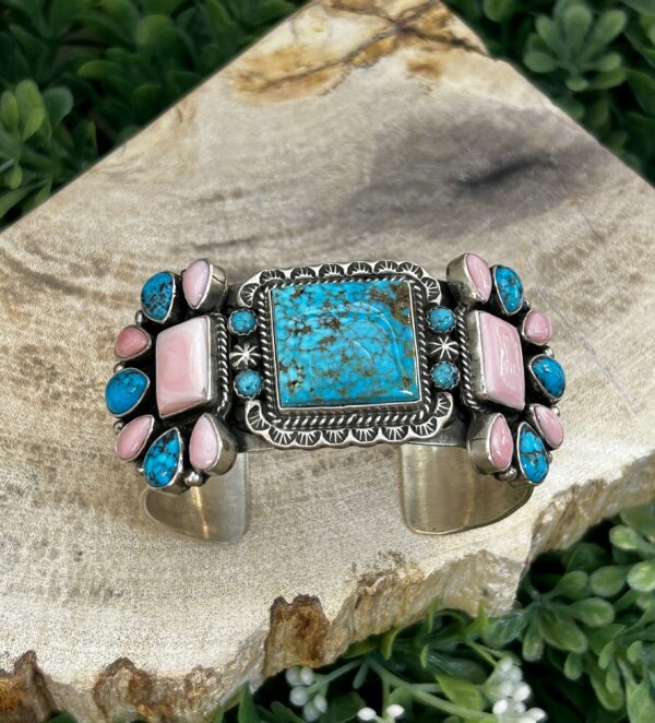 Pink Conch Shell and Turquoise Sterling Silver Navajo Handmade Cuff Bracelet