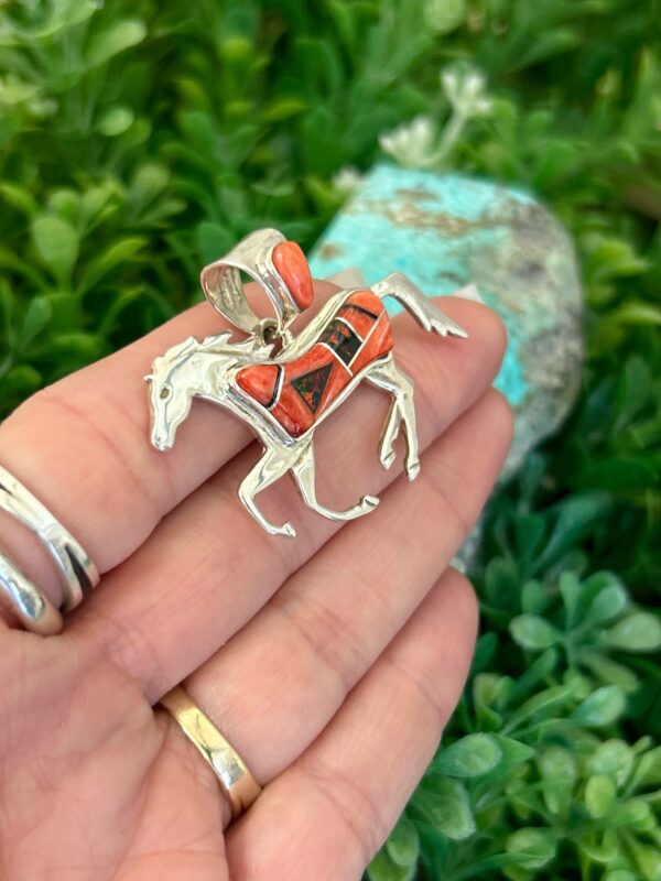 Red Fire Opal and Red Spiny Oyster Shell Inlay Sterling Silver Horse Pendant/Comes with a sterling silver chain - Image 6