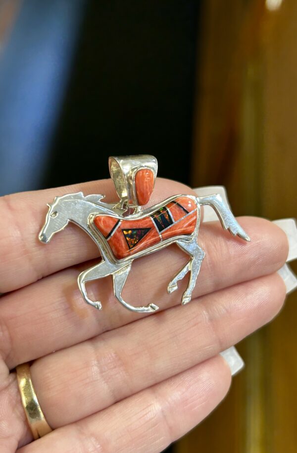 Red Fire Opal and Red Spiny Oyster Shell Inlay Sterling Silver Horse Pendant/Comes with a sterling silver chain - Image 9