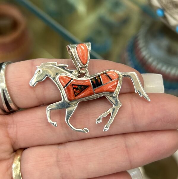 Red Fire Opal and Red Spiny Oyster Shell Inlay Sterling Silver Horse Pendant/Comes with a sterling silver chain - Image 7