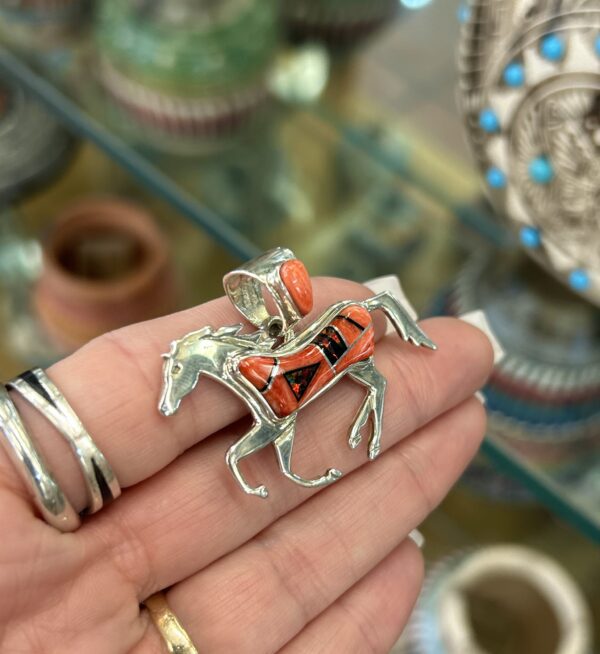 Red Fire Opal and Red Spiny Oyster Shell Inlay Sterling Silver Horse Pendant/Comes with a sterling silver chain - Image 8