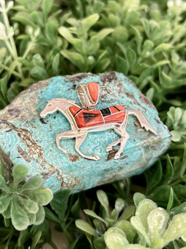 Red Fire Opal and Red Spiny Oyster Shell Inlay Sterling Silver Horse Pendant/Comes with a sterling silver chain - Image 2