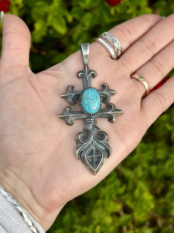 Spiderweb Number 8 Turquoise Oxidized Sterling Silver Sandcast Isleta Cross Pendant - Image 6