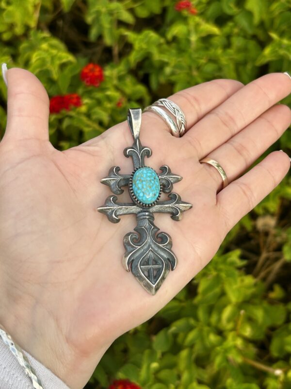 Spiderweb Number 8 Turquoise Oxidized Sterling Silver Sandcast Isleta Cross Pendant - Image 3