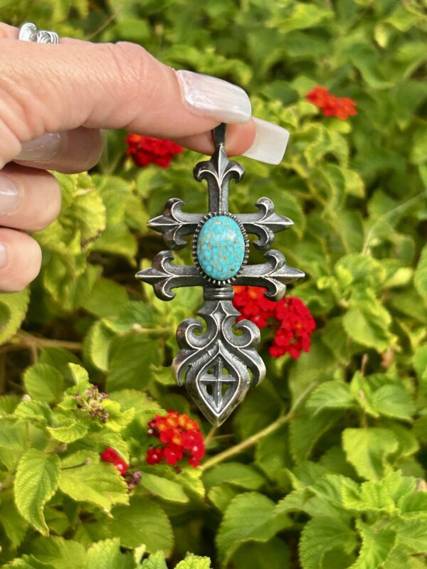 Spiderweb Number 8 Turquoise Oxidized Sterling Silver Sandcast Isleta Cross Pendant