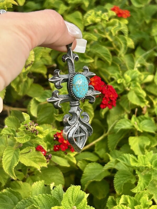 Spiderweb Number 8 Turquoise Oxidized Sterling Silver Sandcast Isleta Cross Pendant - Image 4