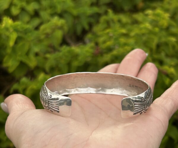 Navajo Handmade Coral Sterling Silver Unisex Cuff Bracelet - Image 10