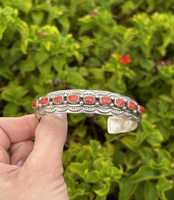 Navajo Handmade Coral Sterling Silver Unisex Cuff Bracelet