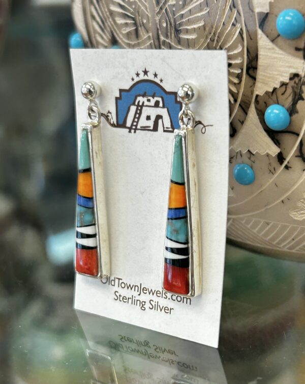 Navajo Inlay Multistone Inlay Sterling Silver Spiny Oyster Shell Earrings - Image 3