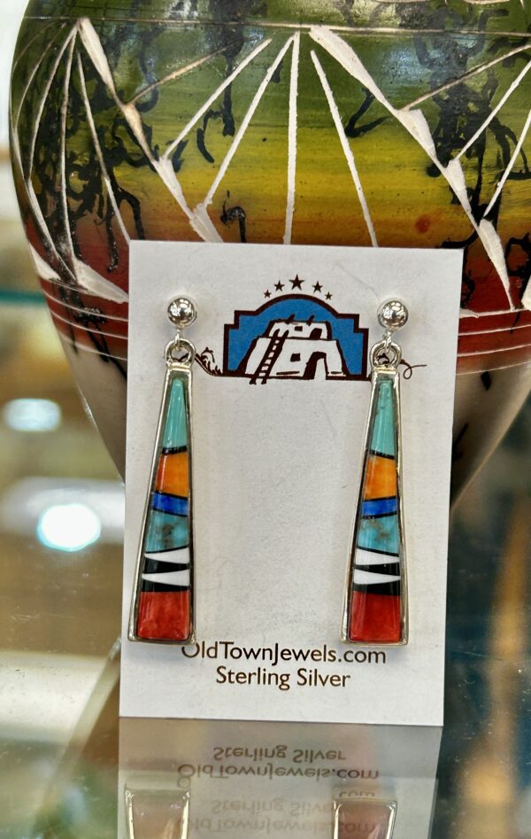 Navajo Inlay Multistone Inlay Sterling Silver Spiny Oyster Shell Earrings - Image 6