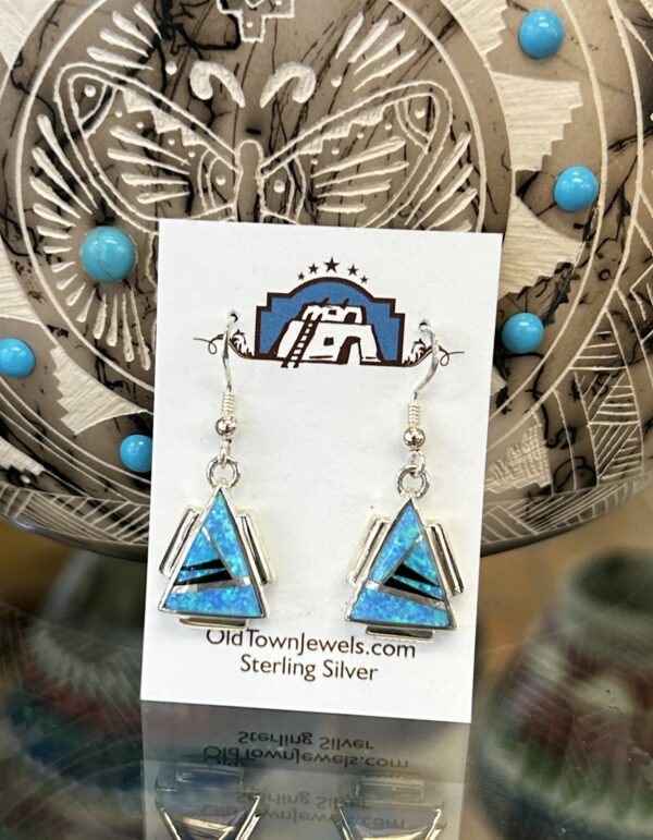 Opal Inlay Sterling Silver Navajo Handmade Dangle Earrings - Image 2