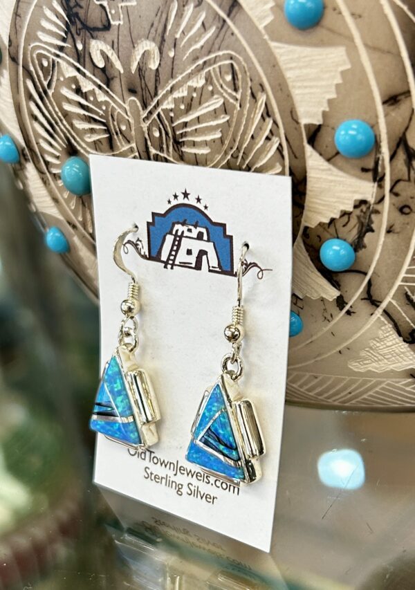 Opal Inlay Sterling Silver Navajo Handmade Dangle Earrings - Image 4