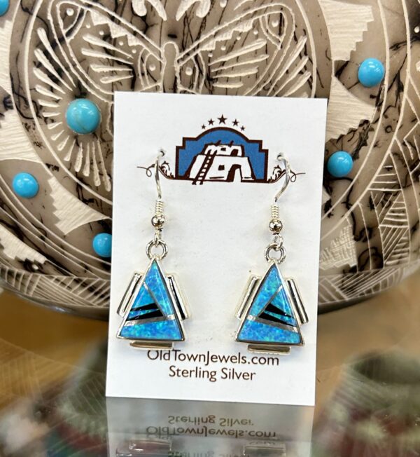 Opal Inlay Sterling Silver Navajo Handmade Dangle Earrings - Image 3