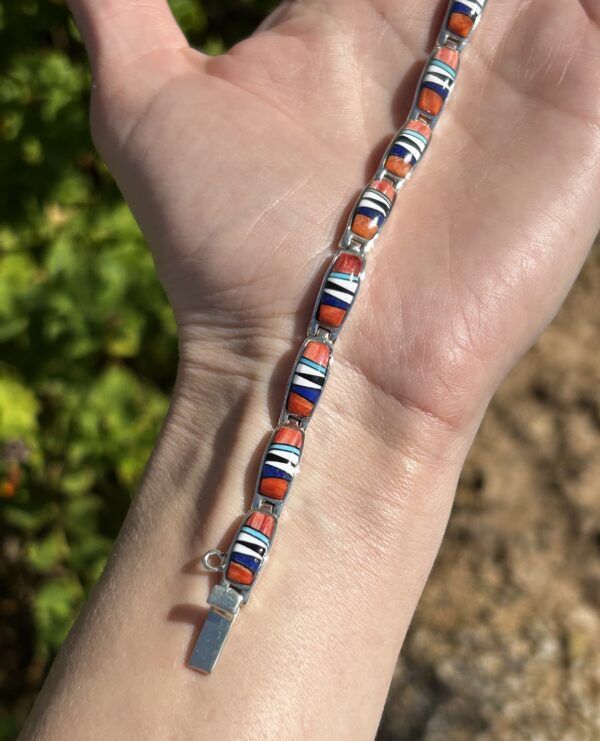 Navajo Multistone Spiny Oyster Shell, Lapis, Turquoise Inlay Sterling Silver Link/Tennis Bracelet - Image 5