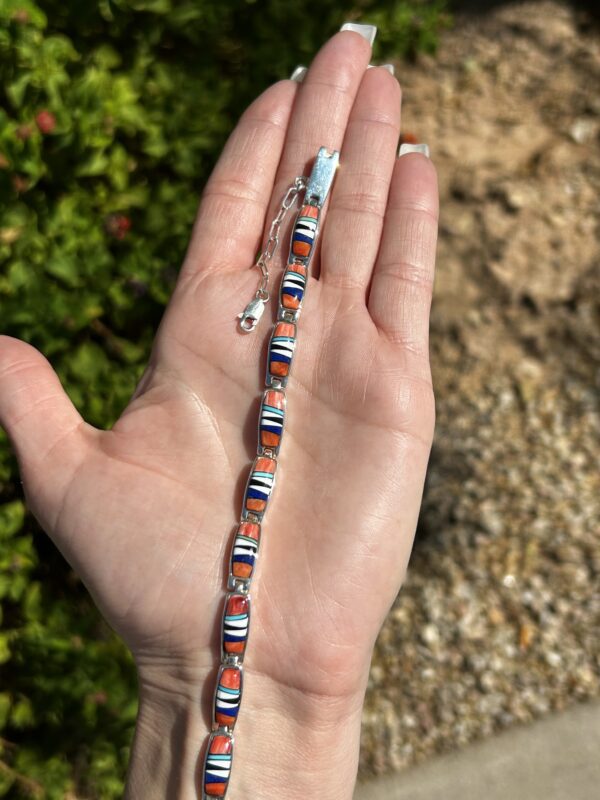 Navajo Multistone Spiny Oyster Shell, Lapis, Turquoise Inlay Sterling Silver Link/Tennis Bracelet - Image 4