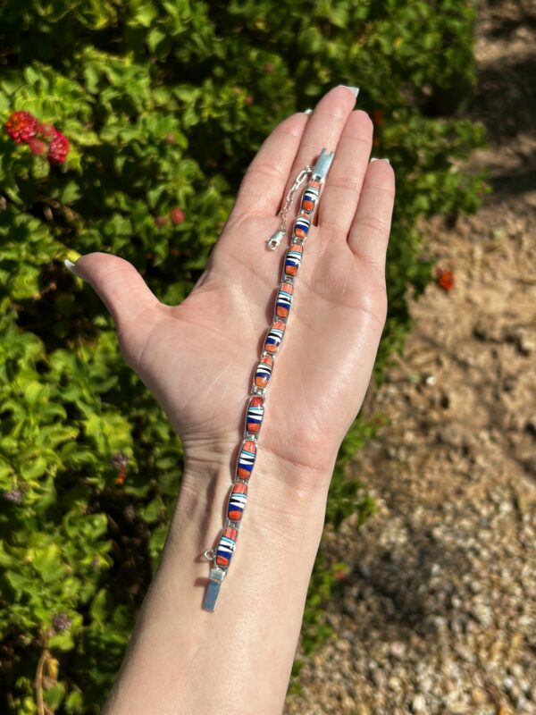 Navajo Multistone Spiny Oyster Shell, Lapis, Turquoise Inlay Sterling Silver Link/Tennis Bracelet