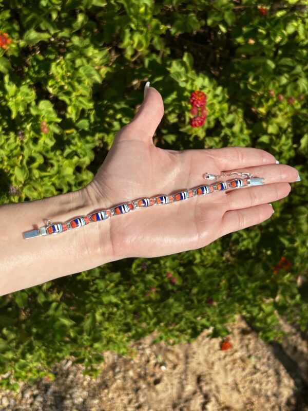 Navajo Multistone Spiny Oyster Shell, Lapis, Turquoise Inlay Sterling Silver Link/Tennis Bracelet - Image 3