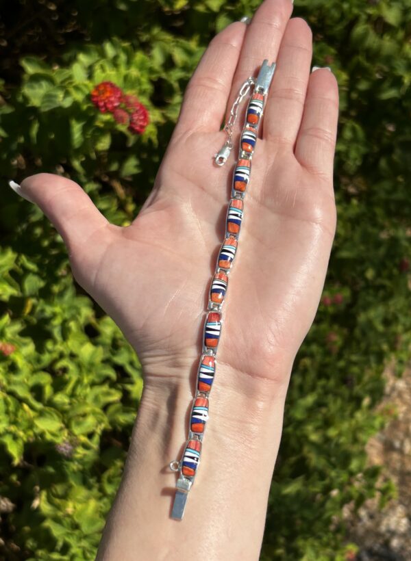 Navajo Multistone Spiny Oyster Shell, Lapis, Turquoise Inlay Sterling Silver Link/Tennis Bracelet - Image 6