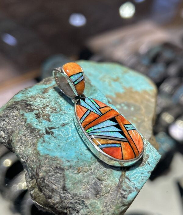 Orange Spiny Oyster Shell Inlay Opal with Onyx Sterling Silver Double Sided Pendant - Image 5