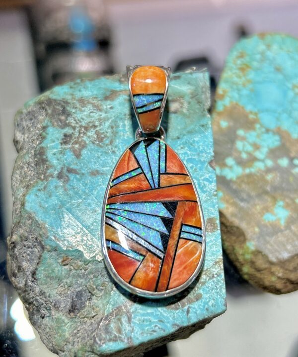 Orange Spiny Oyster Shell Inlay Opal with Onyx Sterling Silver Double Sided Pendant - Image 6