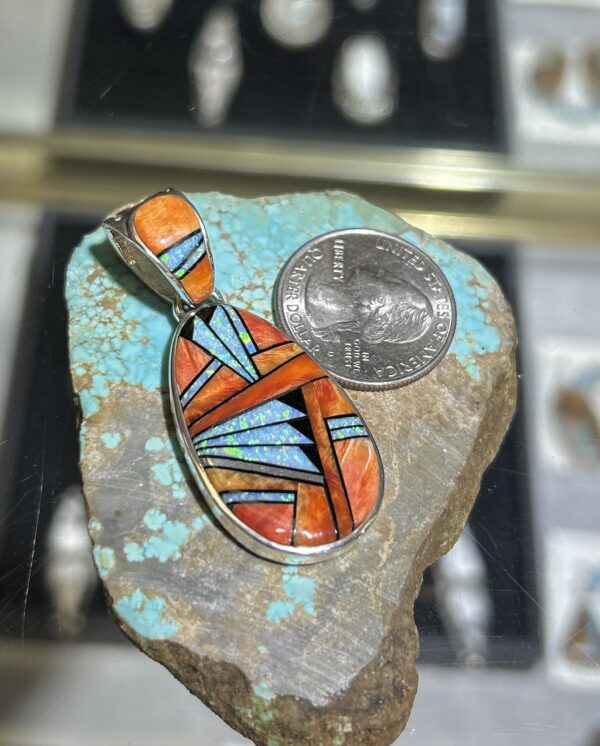 Orange Spiny Oyster Shell Inlay Opal with Onyx Sterling Silver Double Sided Pendant - Image 7