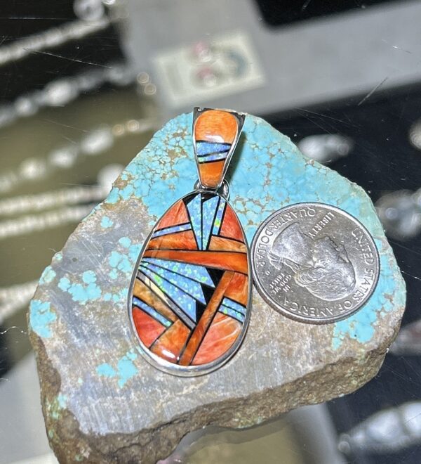 Orange Spiny Oyster Shell Inlay Opal with Onyx Sterling Silver Double Sided Pendant - Image 3