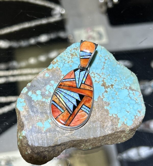 Orange Spiny Oyster Shell Inlay Opal with Onyx Sterling Silver Double Sided Pendant