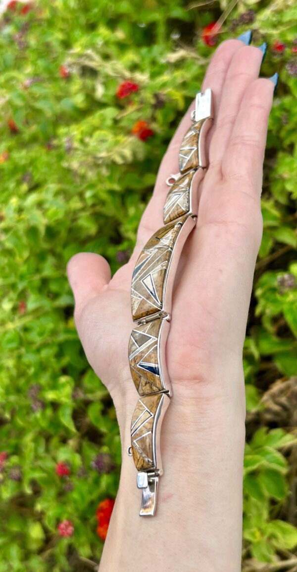 Navajo Handmade Picture Jasper Inlay with Onyx and Tigers Eye Heavy Sterling Silver Link Bracelet - Image 6