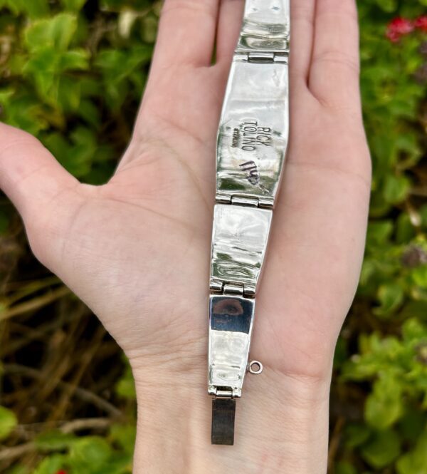 Navajo Handmade Picture Jasper Inlay with Onyx and Tigers Eye Heavy Sterling Silver Link Bracelet - Image 7