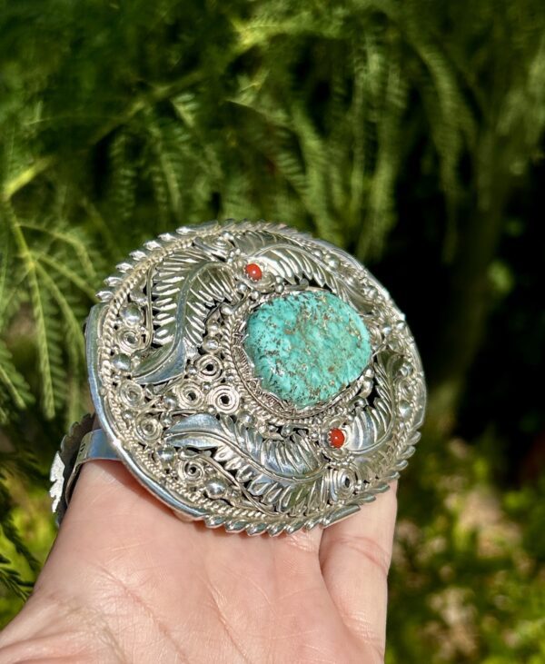 Hopi Handmade Hachita New Mexico Mine Turquoise Sterling Silver Mens Belt Buckle - Image 3