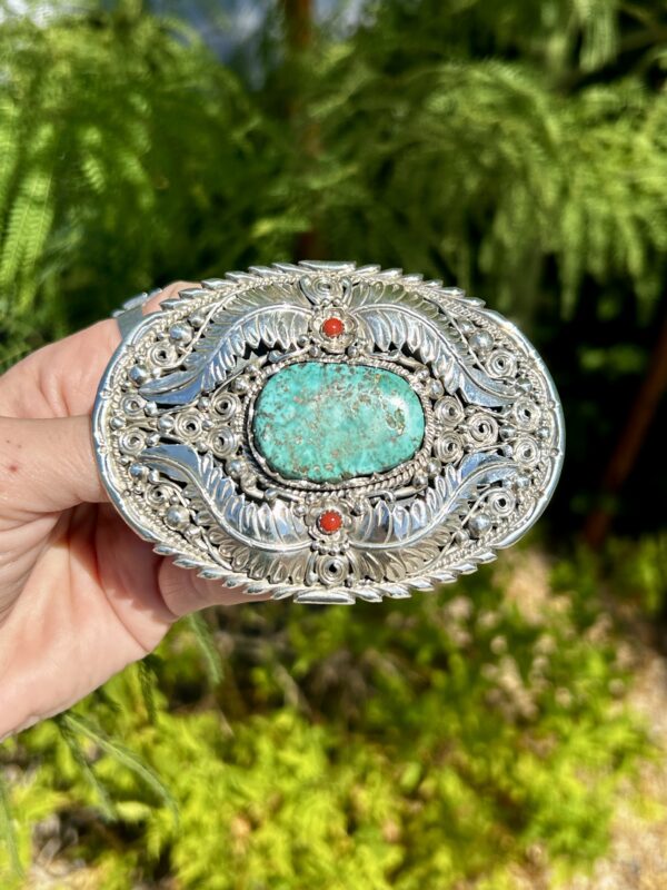 Hopi Handmade Hachita New Mexico Mine Turquoise Sterling Silver Mens Belt Buckle - Image 2