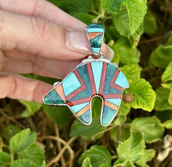 Calvin Begay Large Sterling Silver Double Sided Spiderweb Varisite and Turquoise Multistone Inlay Bear Pendant