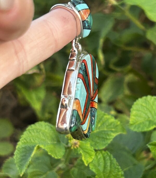 Calvin Begay Large Sterling Silver Double Sided Spiderweb Varisite and Turquoise Multistone Inlay Bear Pendant - Image 7