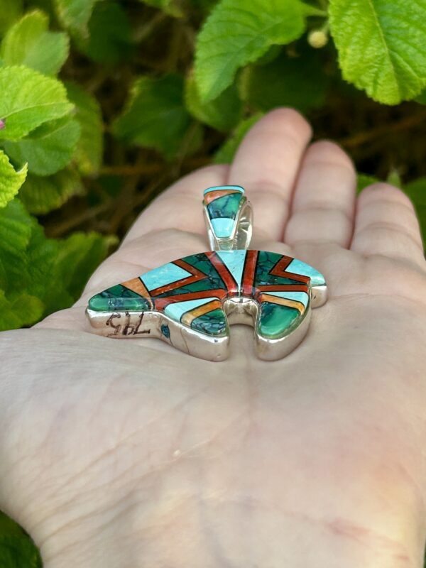 Calvin Begay Large Sterling Silver Double Sided Spiderweb Varisite and Turquoise Multistone Inlay Bear Pendant - Image 5