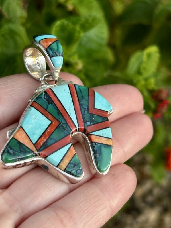 Calvin Begay Large Sterling Silver Double Sided Spiderweb Varisite and Turquoise Multistone Inlay Bear Pendant - Image 8