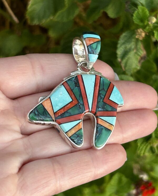 Calvin Begay Large Sterling Silver Double Sided Spiderweb Varisite and Turquoise Multistone Inlay Bear Pendant - Image 3