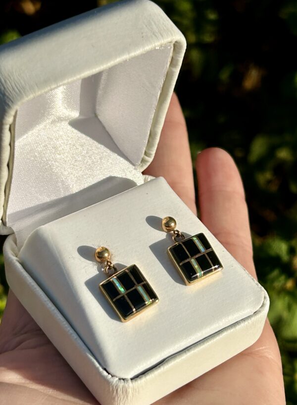 14KT Gold Inlay Black Onyx and Opal Square Earrings - Image 6