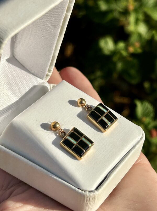 14KT Gold Inlay Black Onyx and Opal Square Earrings - Image 5