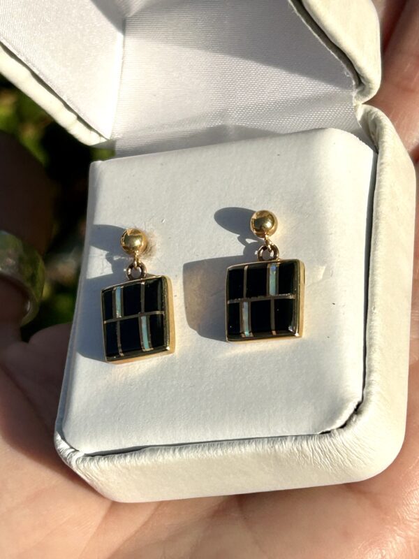 14KT Gold Inlay Black Onyx and Opal Square Earrings - Image 3