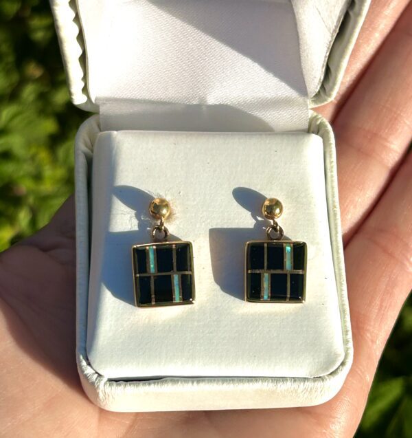 14KT Gold Inlay Black Onyx and Opal Square Earrings - Image 4