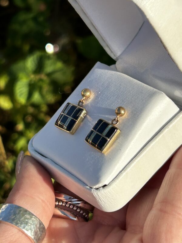 14KT Gold Inlay Black Onyx and Opal Square Earrings - Image 7