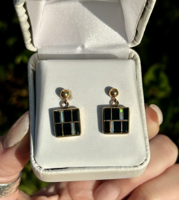 14KT Gold Inlay Black Onyx and Opal Square Earrings