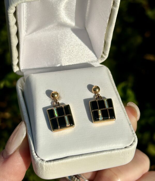 14KT Gold Inlay Black Onyx and Opal Square Earrings - Image 2