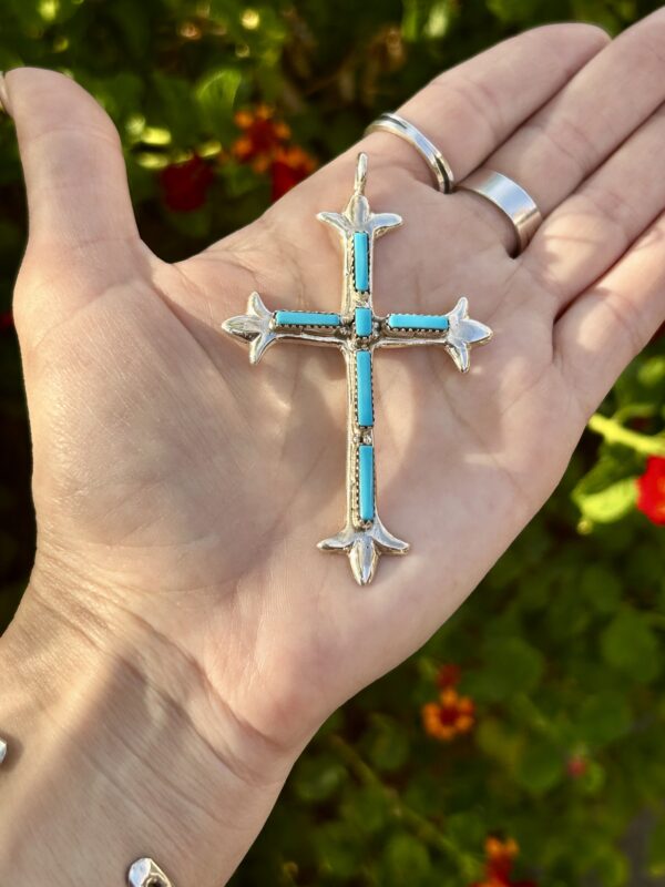 Large Sterling Silver Sleeping Beauty Turquoise Cross Pendant with Chain