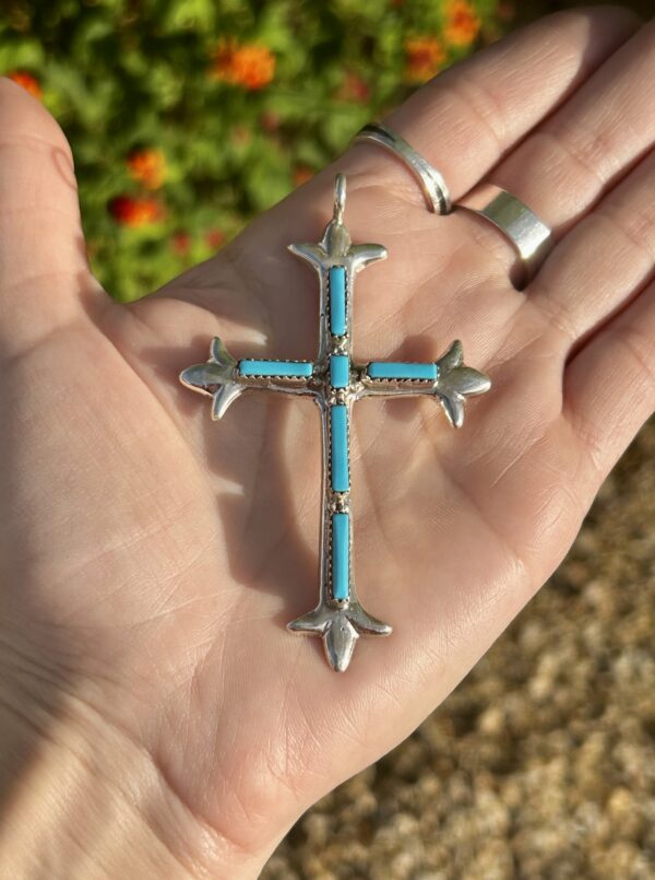 Large Sterling Silver Sleeping Beauty Turquoise Cross Pendant with Chain - Image 2