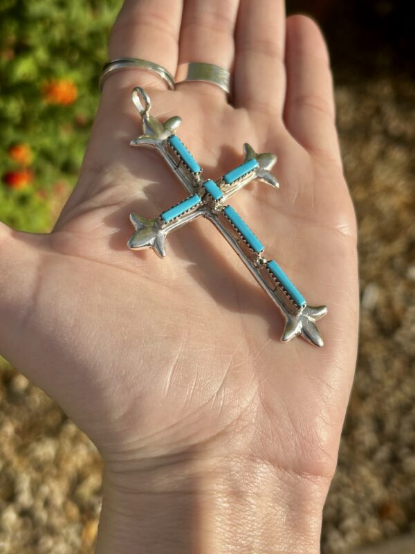 Large Sterling Silver Sleeping Beauty Turquoise Cross Pendant with Chain - Image 3