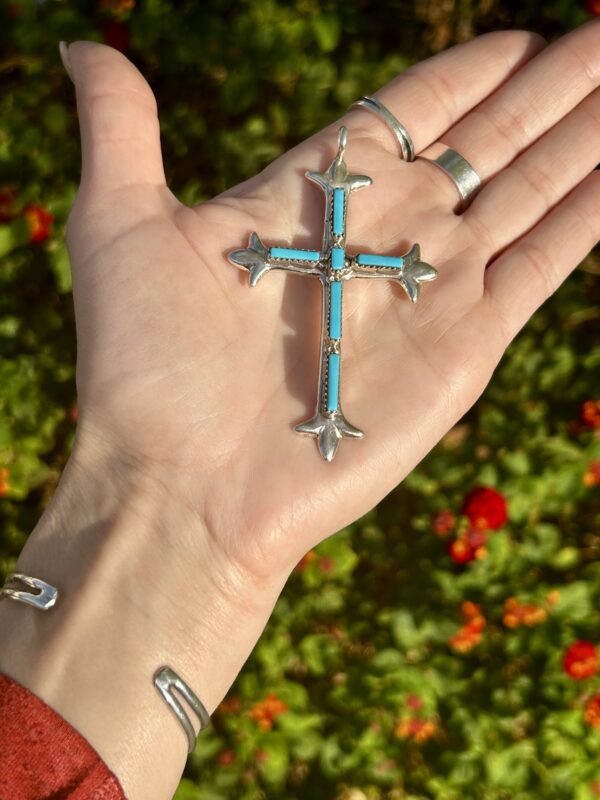 Large Sterling Silver Sleeping Beauty Turquoise Cross Pendant with Chain - Image 4