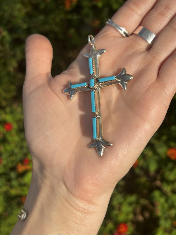 Large Sterling Silver Sleeping Beauty Turquoise Cross Pendant with Chain - Image 5